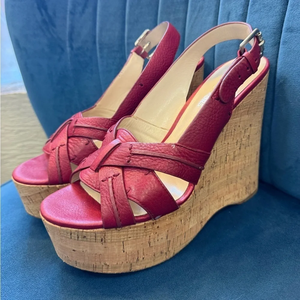 Michael Kors Red Leather Cork Wedge Sandals Size 10